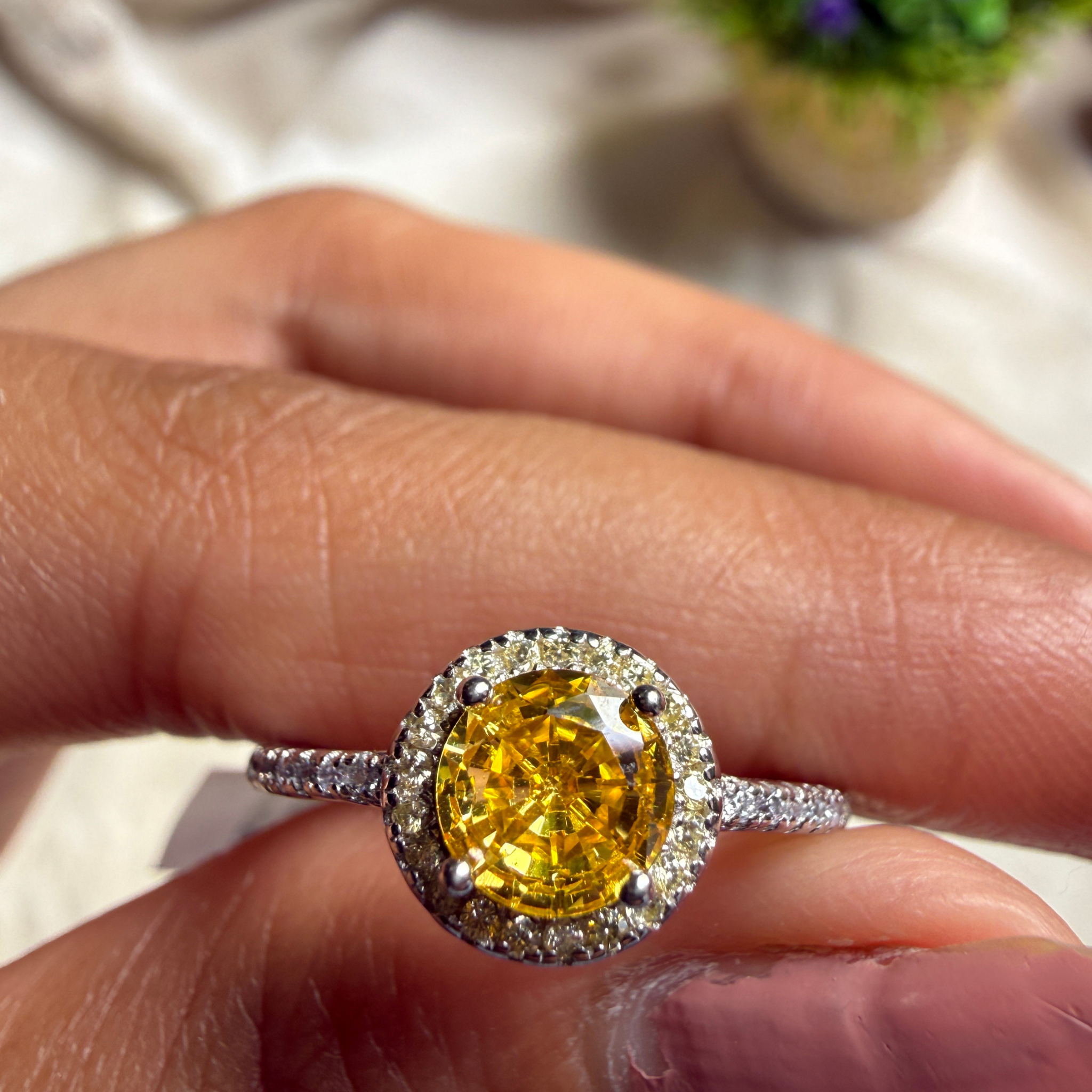 Yellow round gemstone halo ring with lab-grown diamonds by Kiashaa Jewellery.