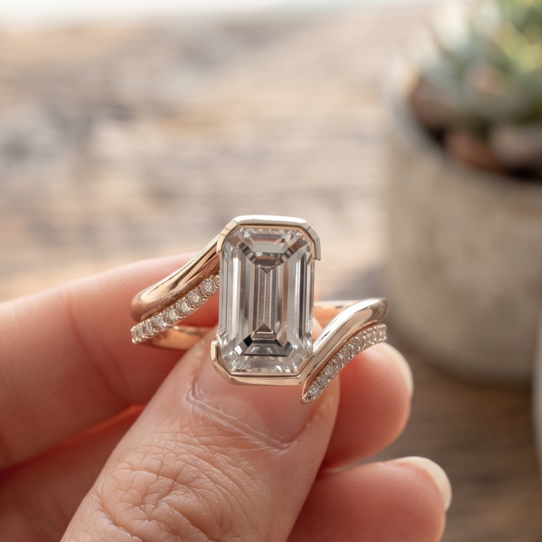 2 CT Emerald-Cut Diamond Bypass Ring with Pavé Accents in 14K & 18K Gold
