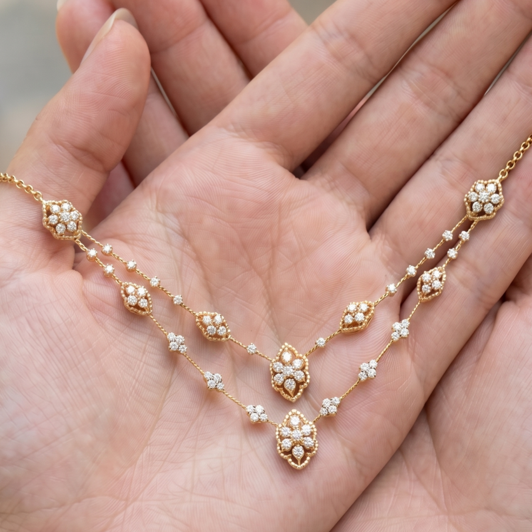 A delicate gold chain necklace with multiple floral clusters of small white pearls, displayed on an open hand.