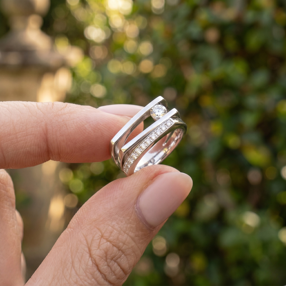 Geometric open-frame lab-grown diamond ring in white gold by Kiashaa Jewellery with 0.62 CTW of round diamonds.