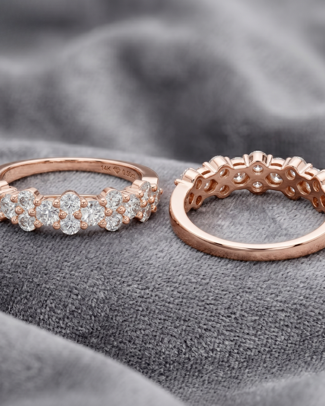 Close-up of a round lab-grown diamond band by Kiashaa Jewellery with a polished rose gold half-eternity setting.