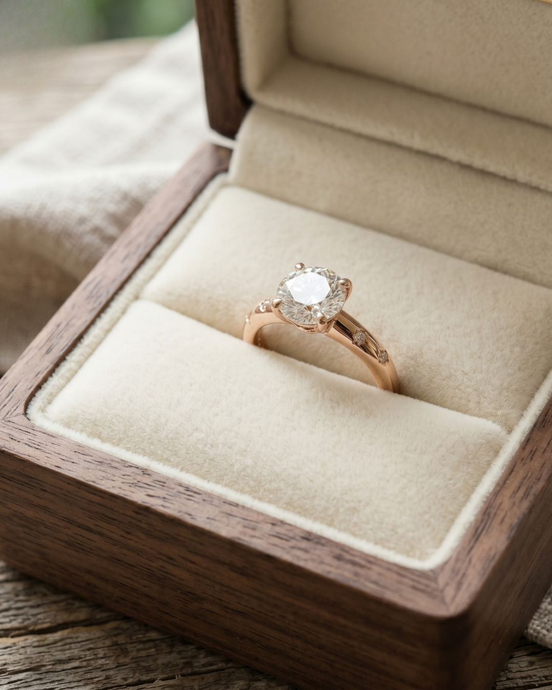 Close-up of a round lab-grown diamond solitaire ring by Kiashaa Jewellery with a polished rose gold band.