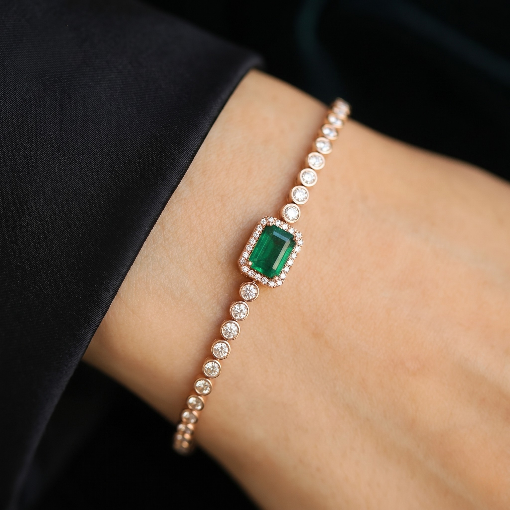 5.00 CT green gemstone and diamond tennis bracelet in yellow gold by Kiashaa Jewellery.
