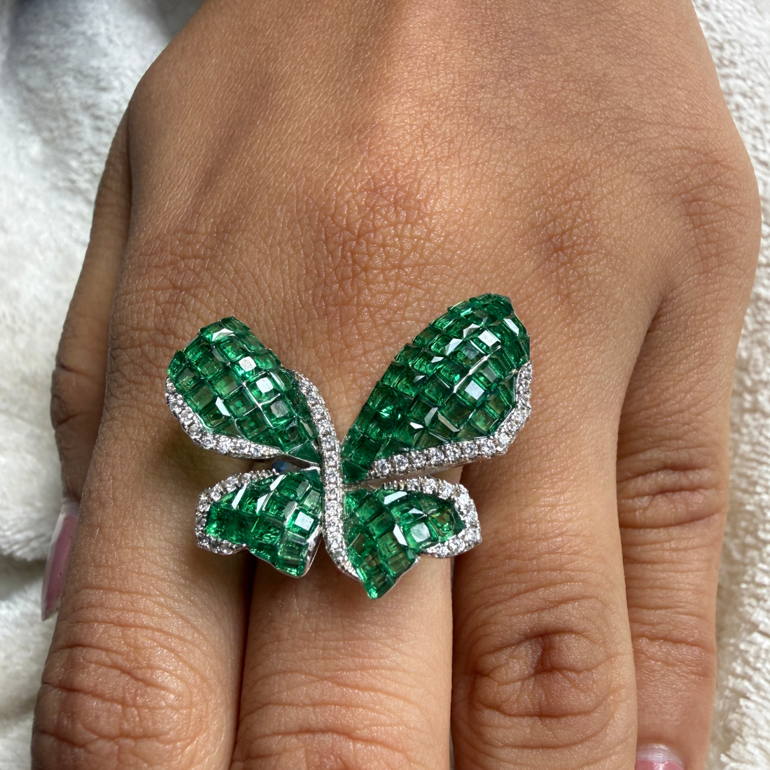 Green CZ butterfly and lab-grown diamond statement ring by Kiashaa Jewellery.