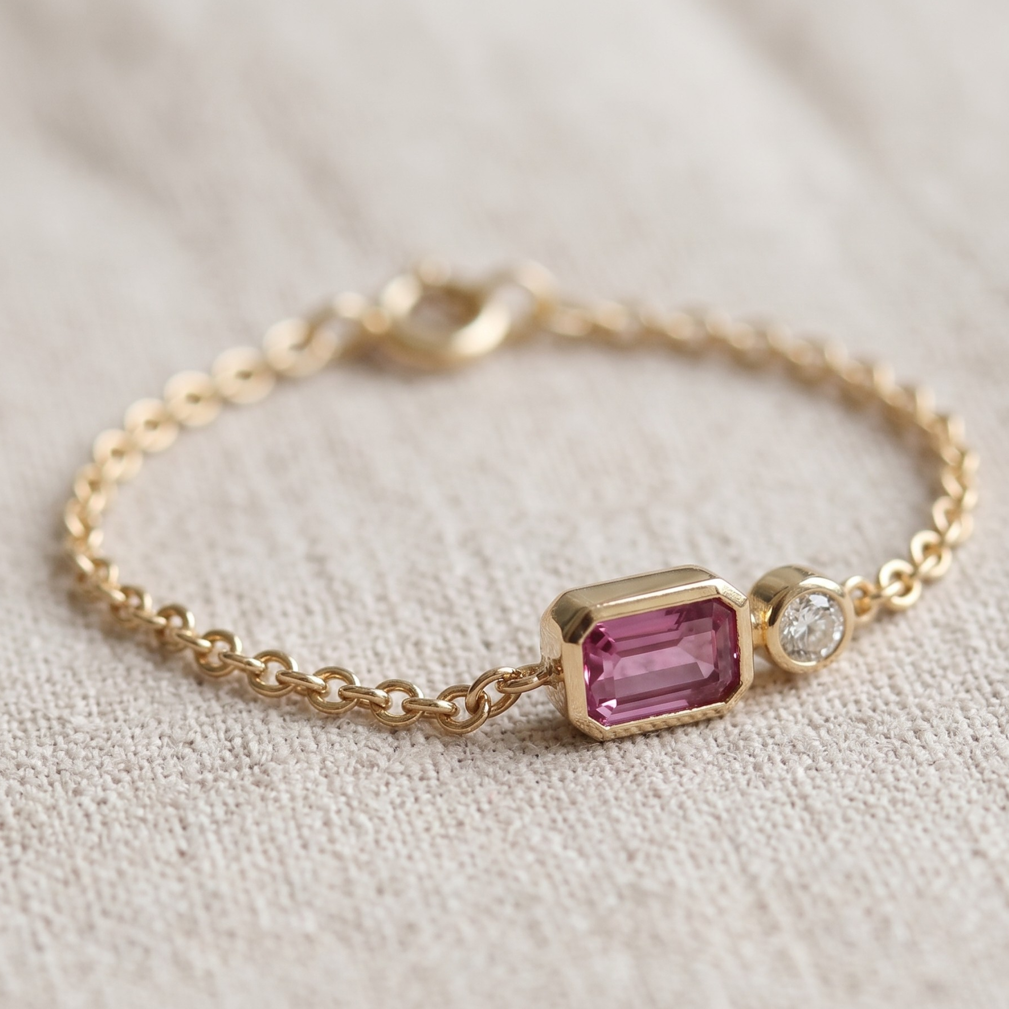 Kiashaa Jewellery 1.14 CTW pink emerald and round diamond bracelet in polished yellow gold.
