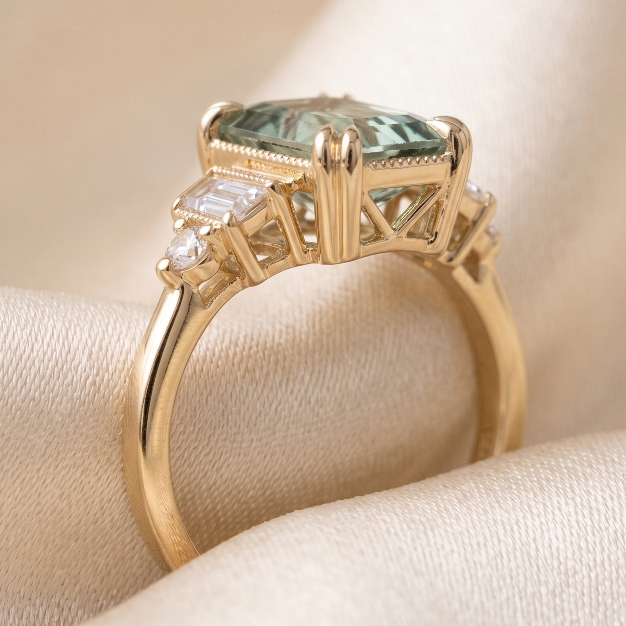 Five-stone green gemstone and diamond ring in yellow gold