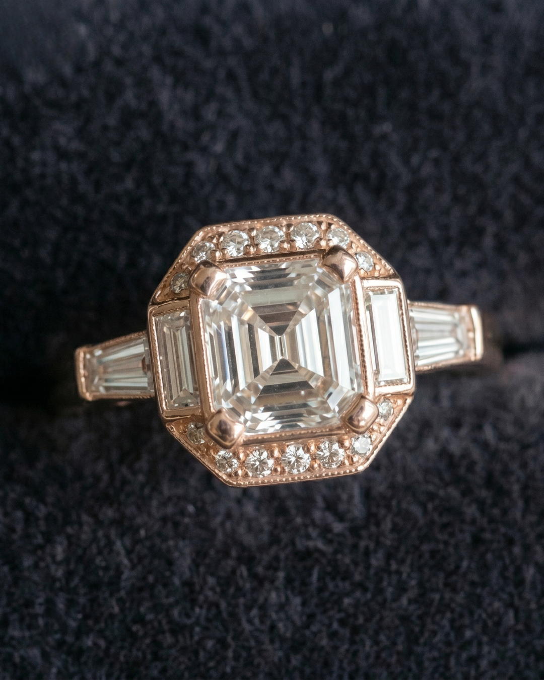 Art deco inspired radiant diamond ring with baguette and round accents