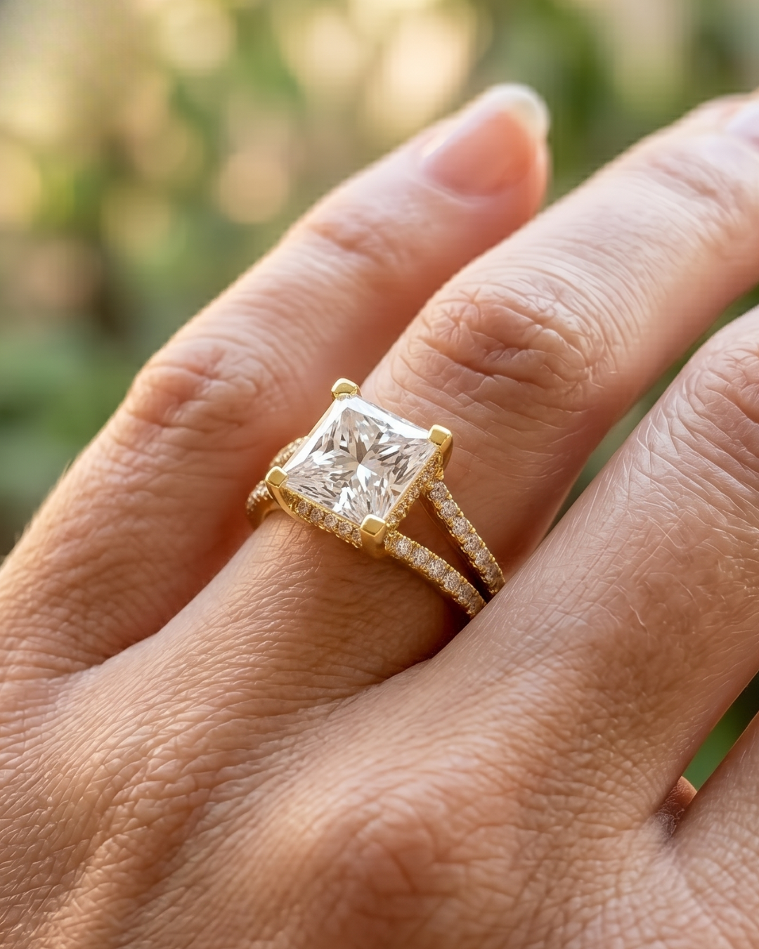Front view of a 2 carat princess-cut lab-grown diamond ring by Kiashaa Jewellery in polished rose gold.