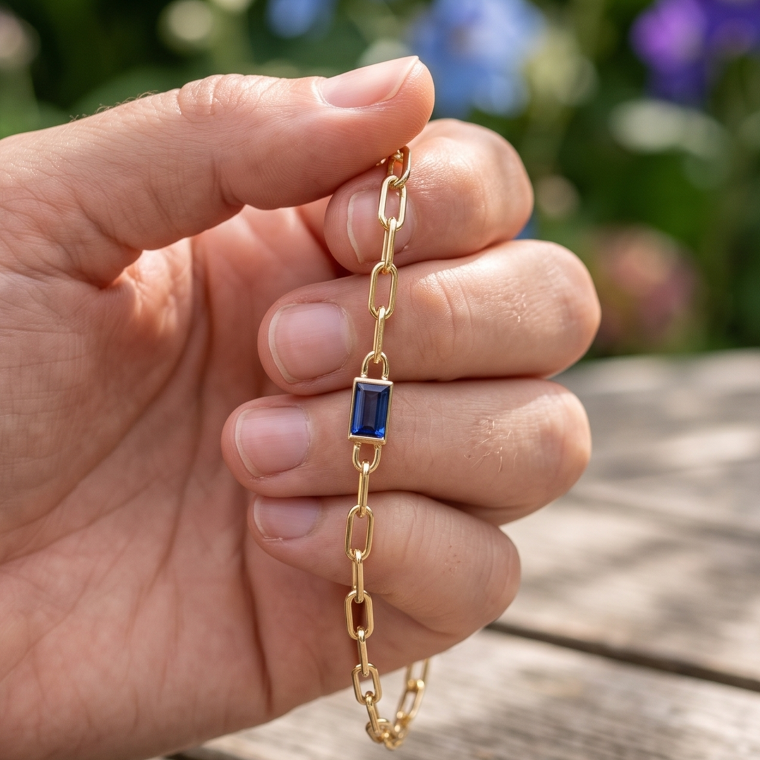 Kiashaa Jewellery 2.58 CT blue emerald-cut link bracelet in polished yellow gold.