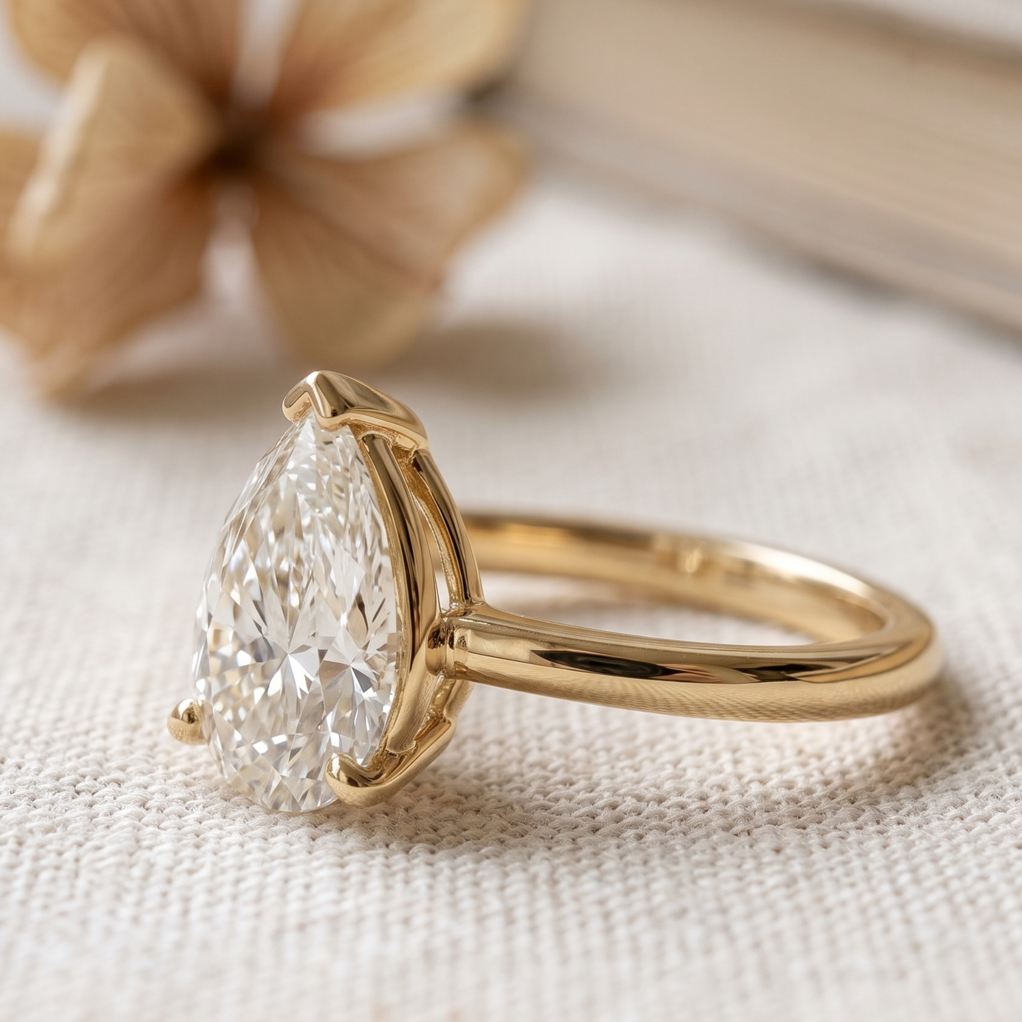 Kiashaa Jewellery 0.76 CT pear solitaire diamond ring in polished yellow gold.