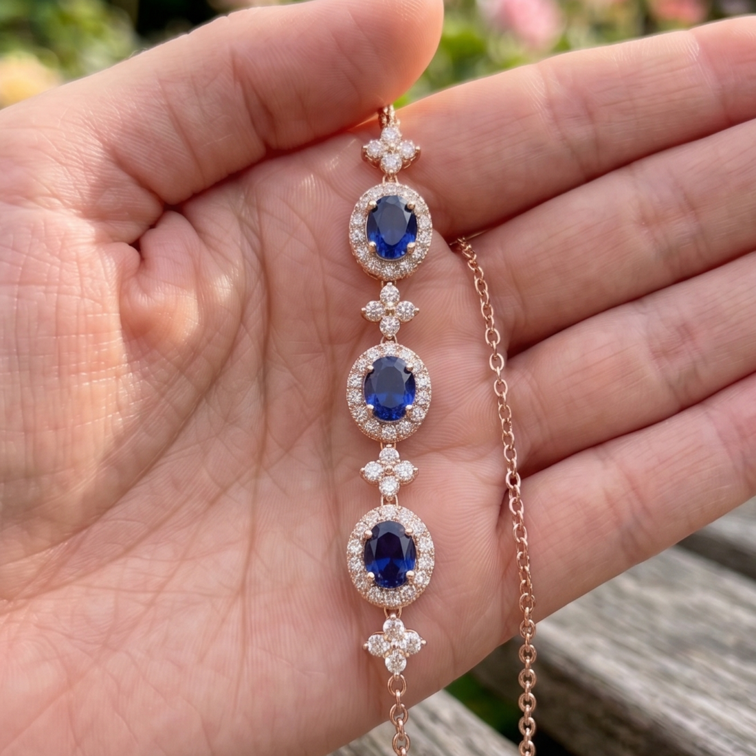 Royal blue oval gemstone bracelet with round lab-grown diamond halos by Kiashaa Jewellery.