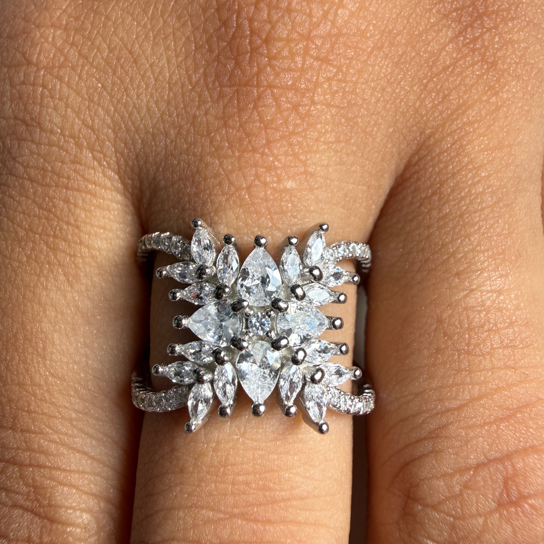 Pear and marquise floral lab-grown diamond statement ring by Kiashaa Jewellery.