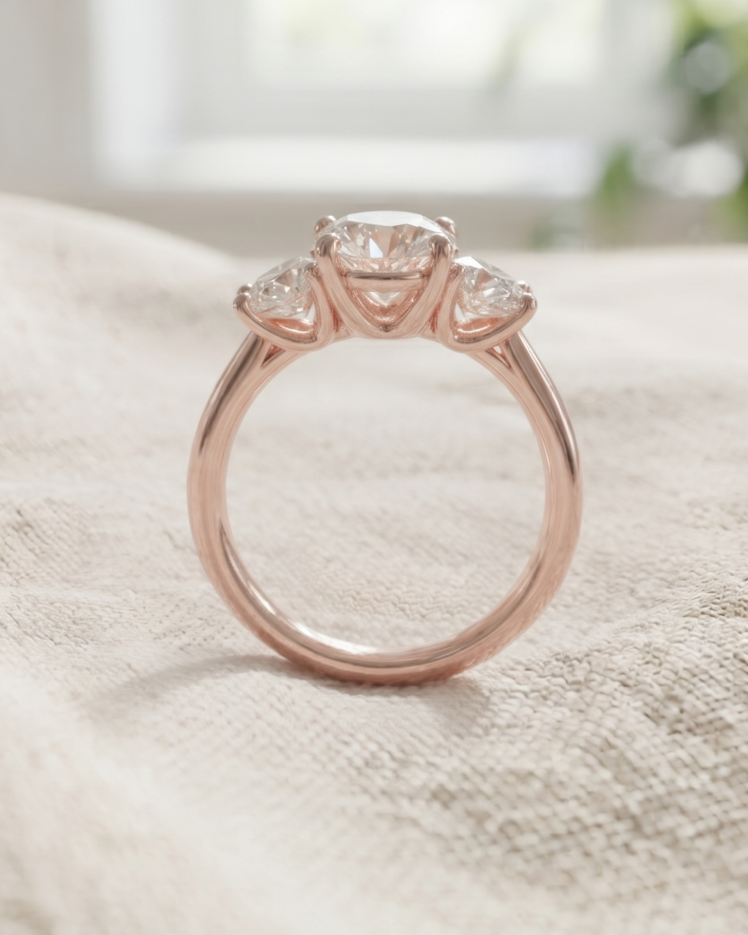 Close-up of a 1.5 CT lab-grown diamond three-stone ring by Kiashaa Jewellery with a polished rose gold band.