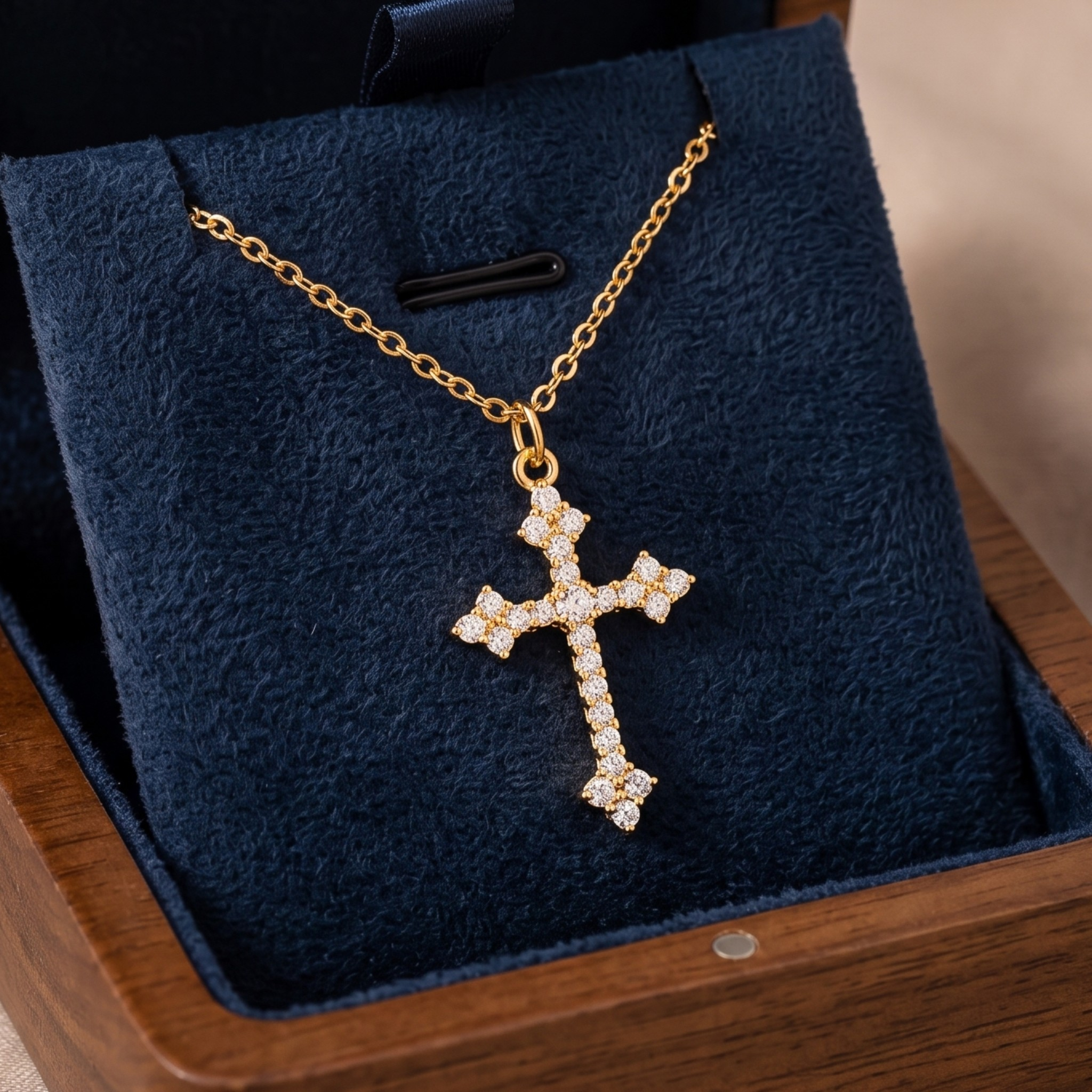 Faith-inspired cross pendant featuring 1.80 mm and 1.60 mm round diamonds.