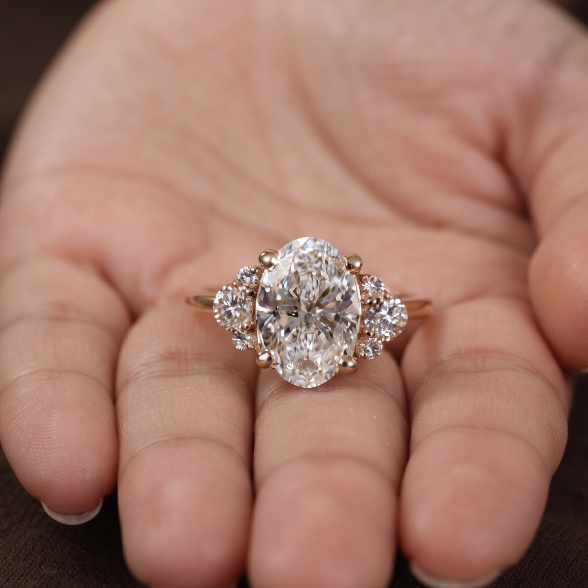 An oval-cut diamond ring with rose gold side stones, displayed on a person's palm.