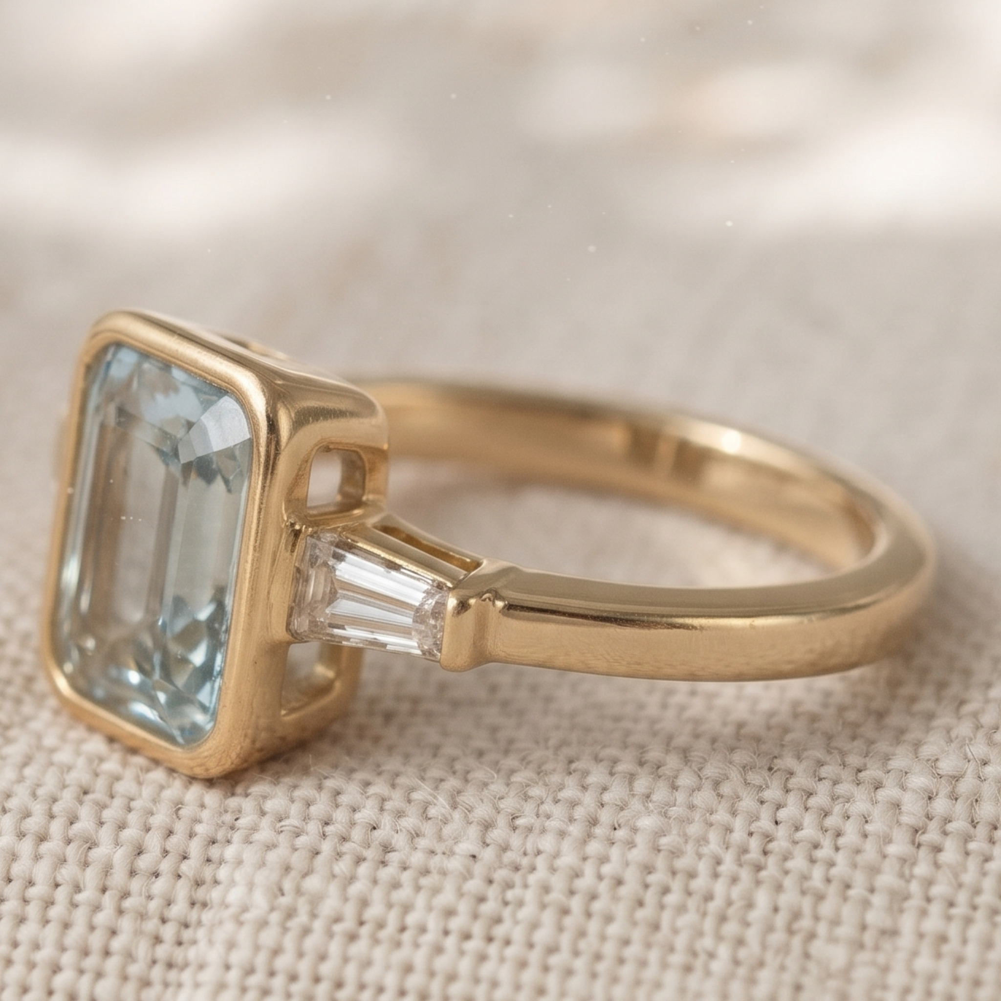 Aqua Cushion 1.351 CTW Cushion & Tapered Baguette Three-Stone Ring in 9K, 14K & 18K Gold