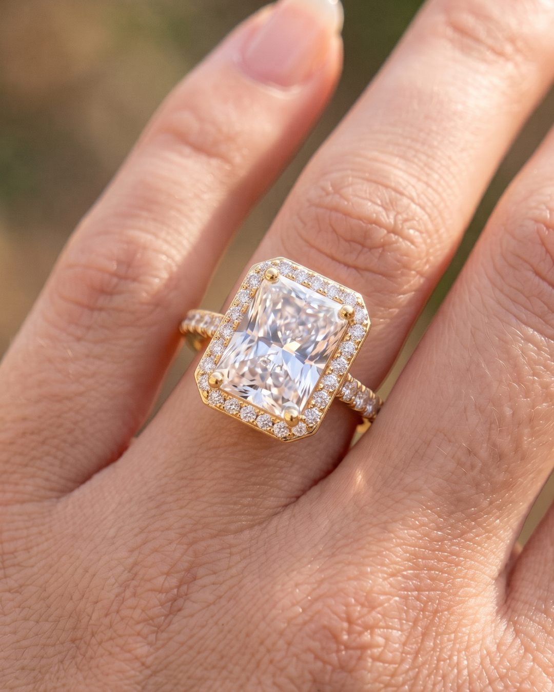 Radiant-cut lab-grown diamond halo ring by Kiashaa Jewellery in rose gold with a refined diamond accent band.