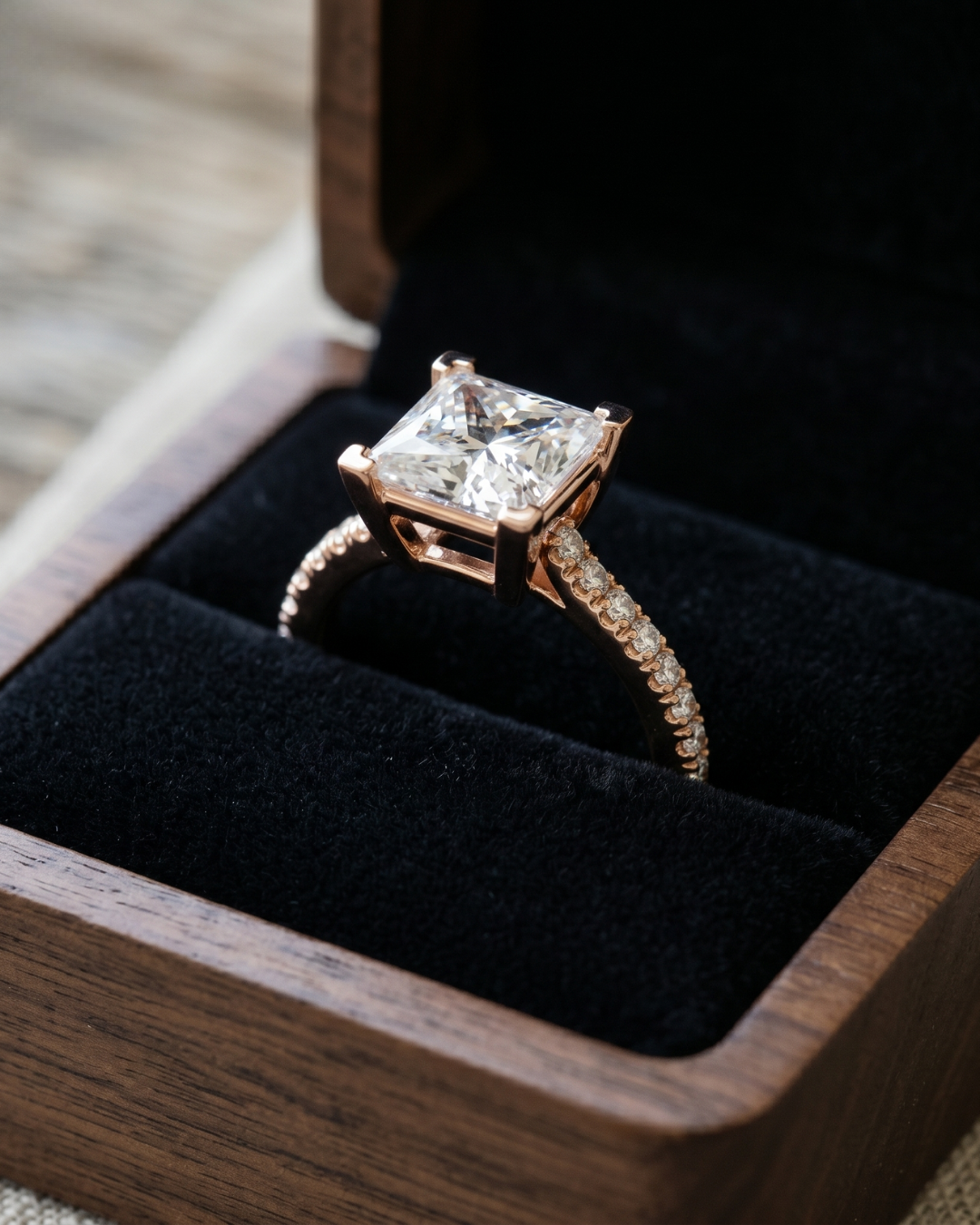 Close-up of a princess lab-grown diamond ring by Kiashaa Jewellery with a polished rose gold diamond band.