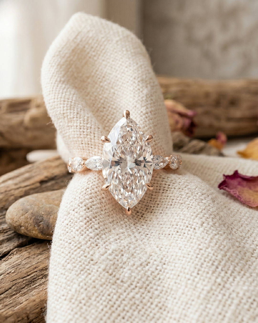 Close-up of a marquise lab-grown diamond engagement ring by Kiashaa Jewellery with polished rose gold setting.