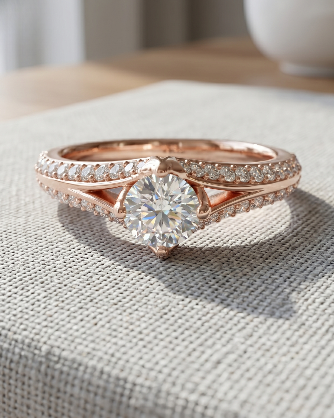 Ladies round lab-grown diamond engagement ring by Kiashaa Jewellery with sparkling diamond shoulder accents.