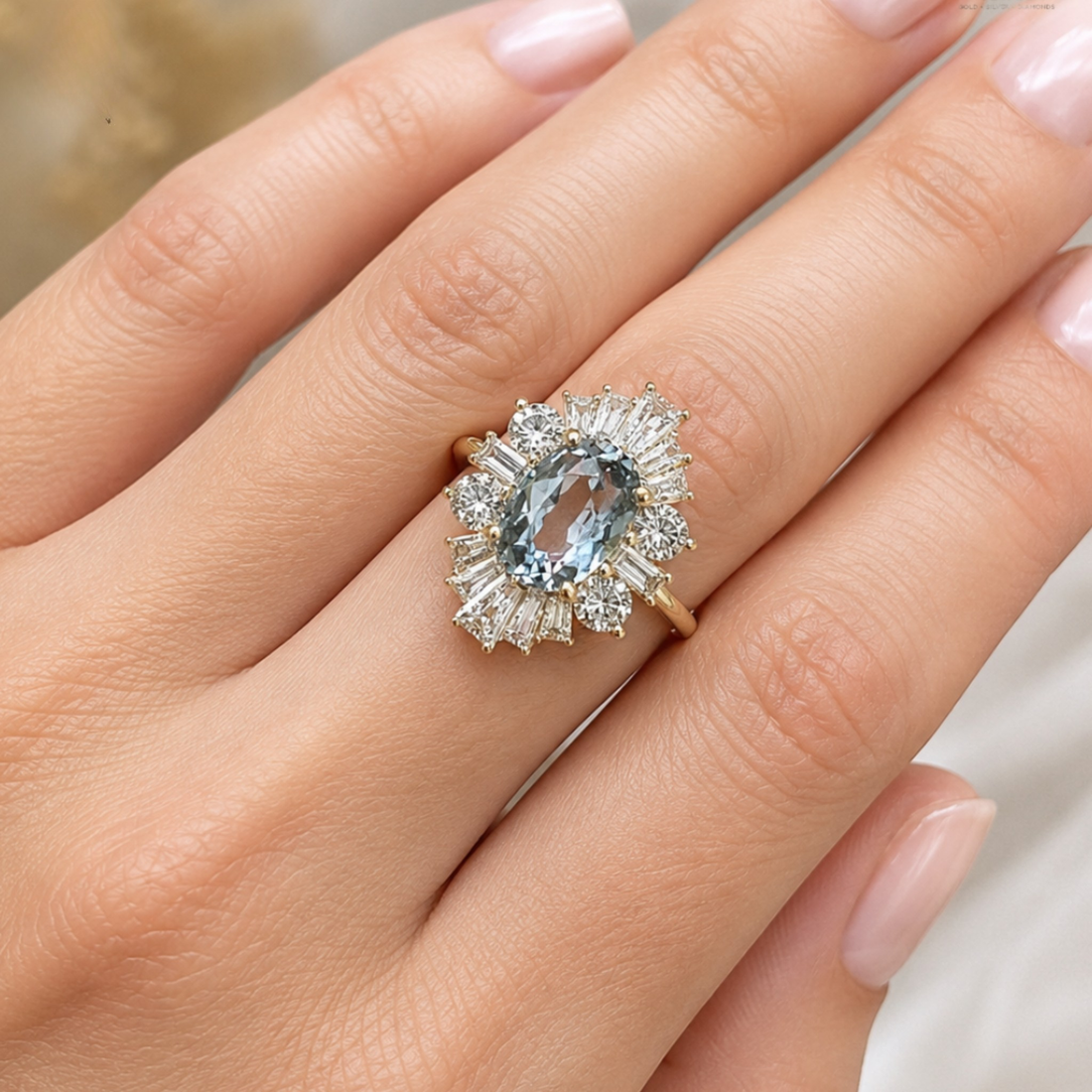 A close-up of a hand wearing a gold ring with a large oval light blue gemstone surrounded by a halo of clear baguette and round-cut stones.