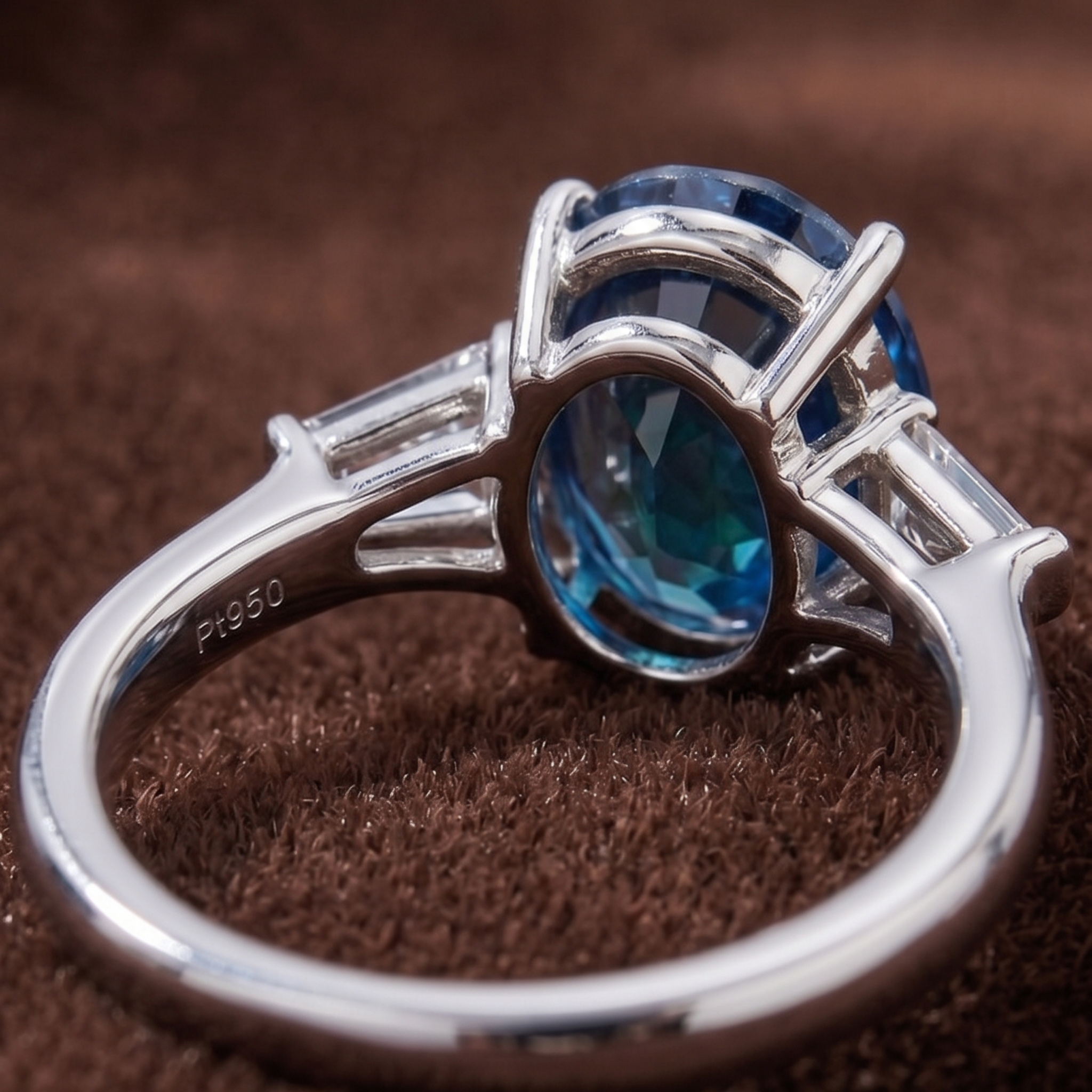 A silver ring featuring a large oval-cut blue gemstone in a prong setting, with baguette side stones, photographed close-up on a textured brown surface. The inside of the band is stamped with 'Pt950'.