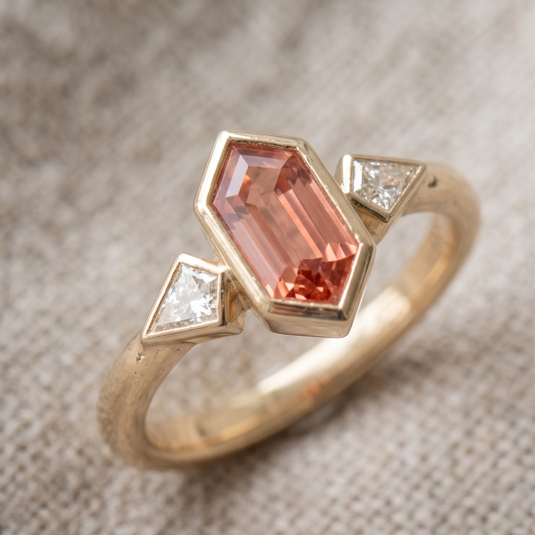 Kiashaa Jewellery 3 CTW pink geometric three-stone ring in polished yellow gold.