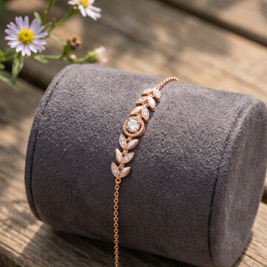 Botanical diamond bracelet featuring a 5.10 mm round center stone with leaf motifs.