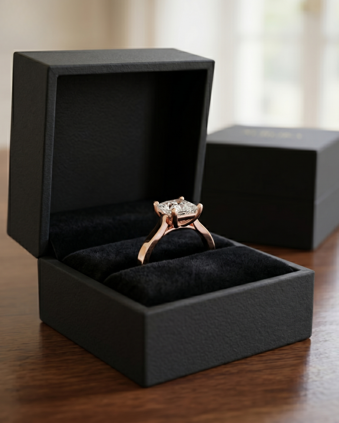 Close-up of a princess-cut lab-grown diamond ring by Kiashaa Jewellery with a polished rose gold band.