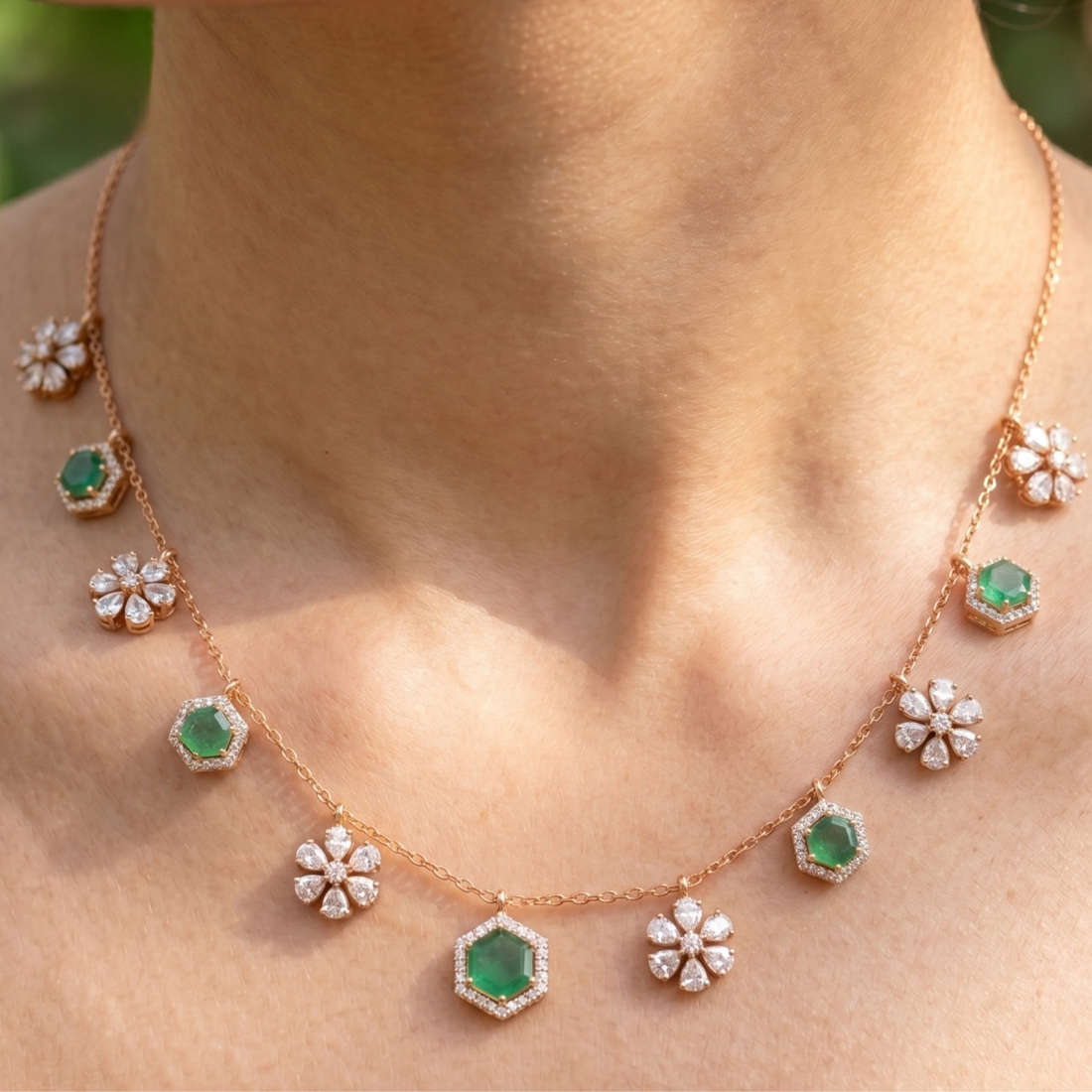 Verdant Bloom 5 CT Diamond & Green Gemstone Charm Necklace