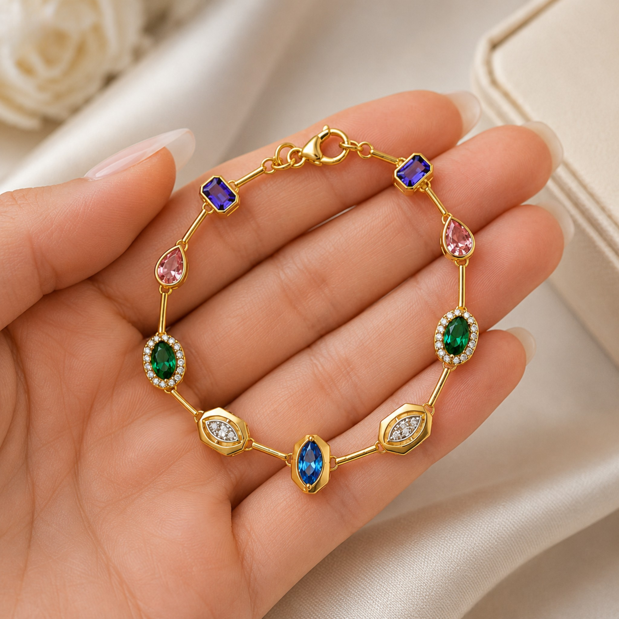 A gold-plated bracelet with multiple colorful gemstones, including blue, green, pink, and purple, displayed on a person's hand against a soft beige background.