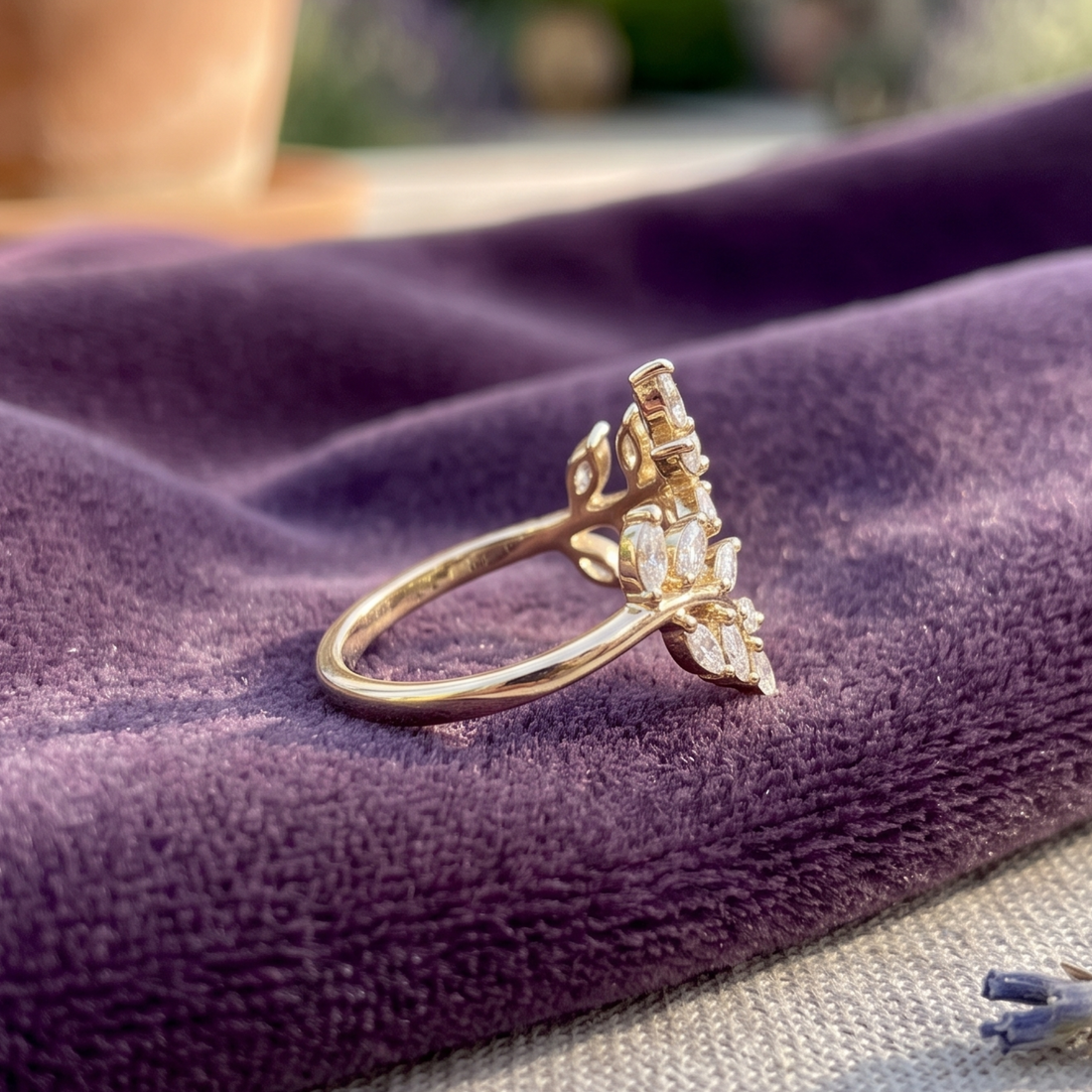 Kiashaa Jewellery 1.12 CTW marquise diamond leaf ring in polished yellow gold.