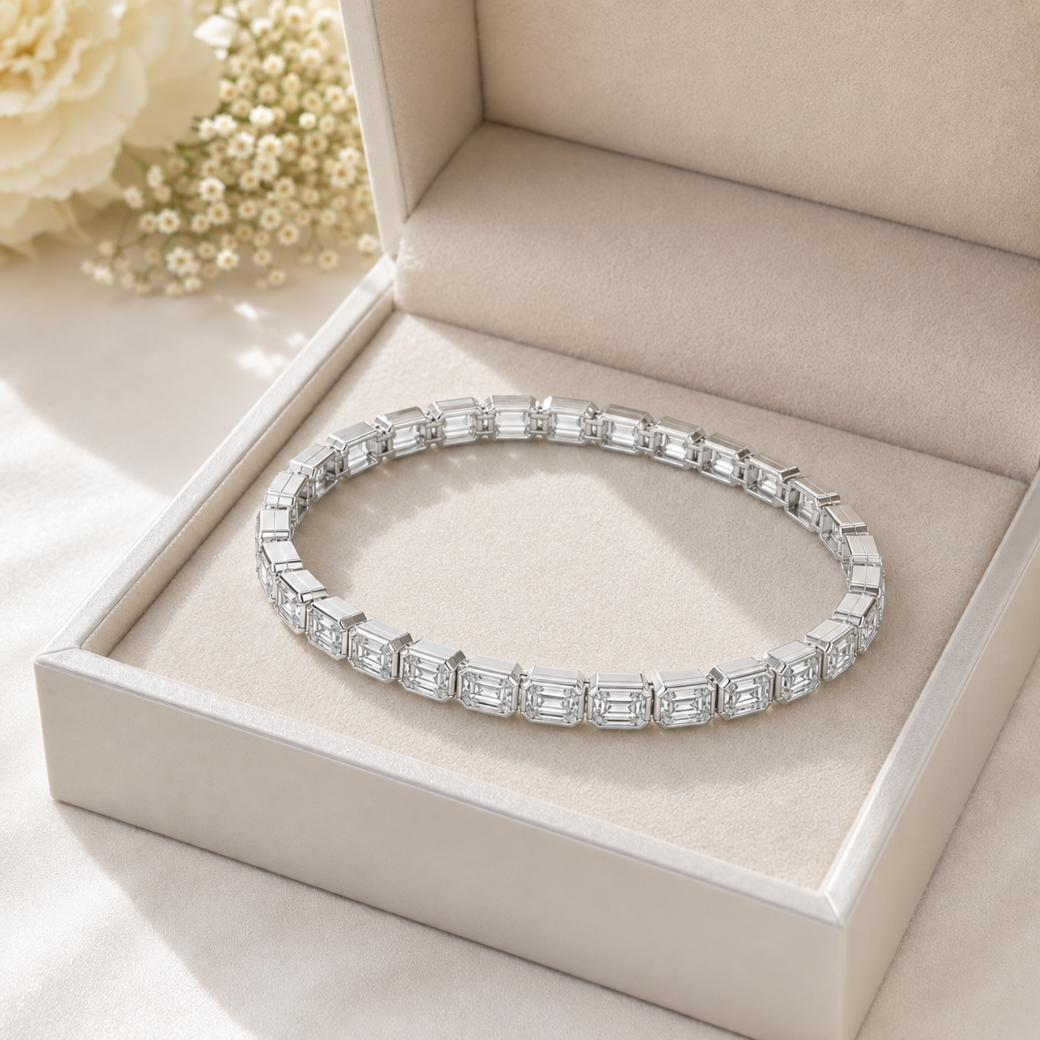 A silver tennis bracelet with Emerald -cut clear stones displayed inside an open beige jewelry box, with soft cream flowers in the background.