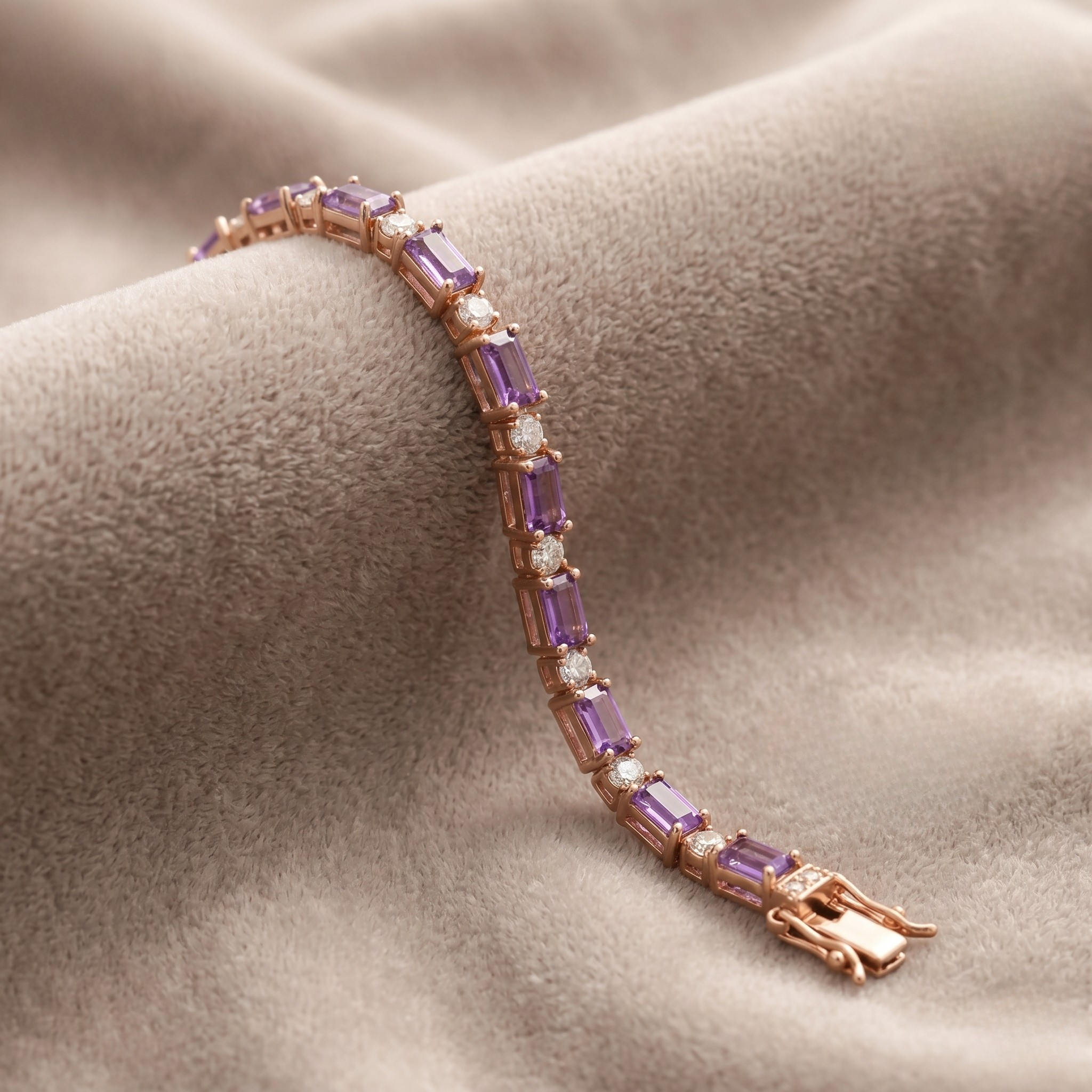 A rose gold tennis bracelet featuring rectangular purple amethyst gemstones and small clear accent stones, displayed on a textured beige fabric background.