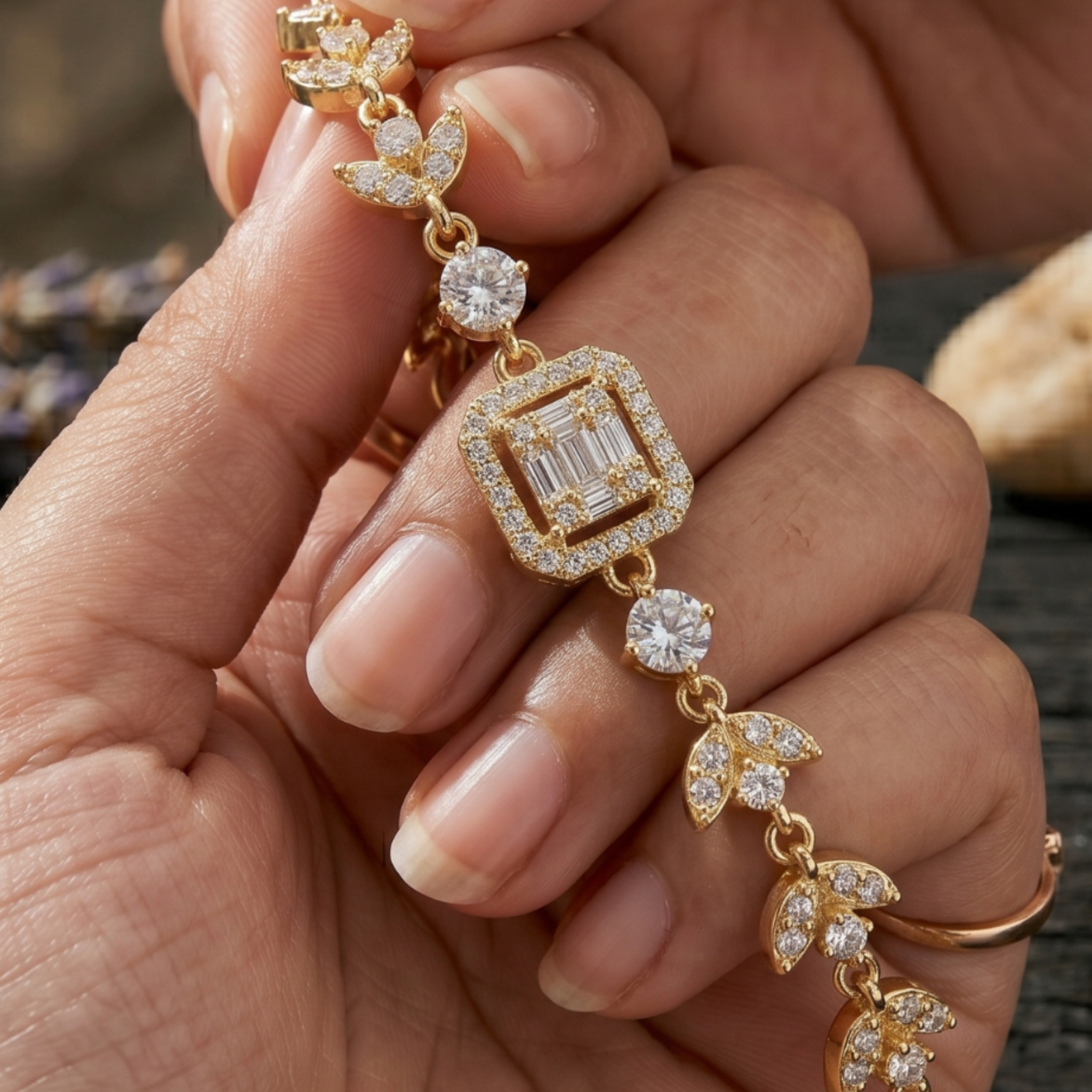 A close-up of a hand holding a gold bracelet with a central square baguette diamond surrounded by small diamonds, connected by leaf-shaped and round diamond details.