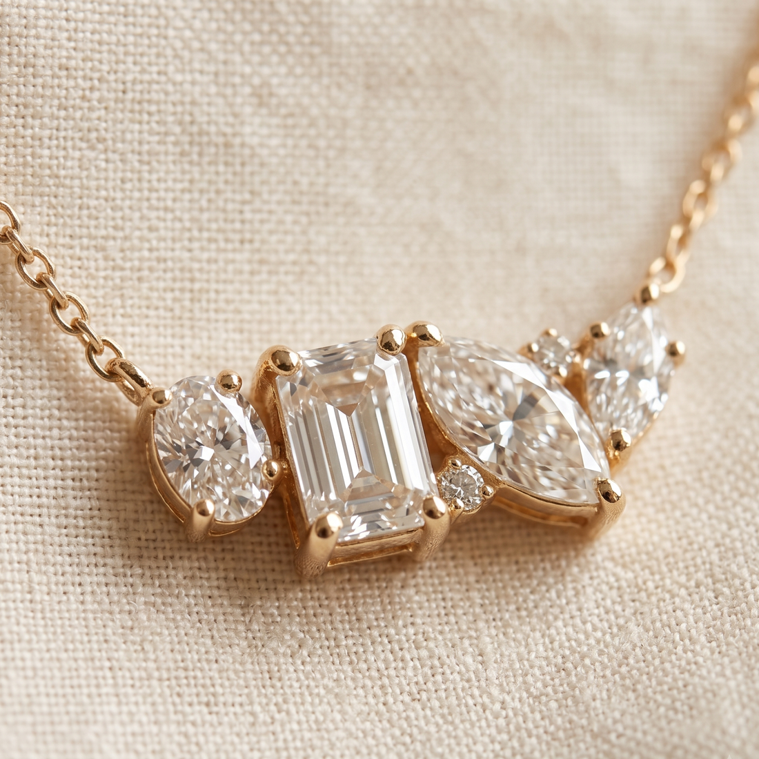 Kiashaa Jewellery 2.25 CTW multi-shape diamond cluster necklace in polished yellow gold.
