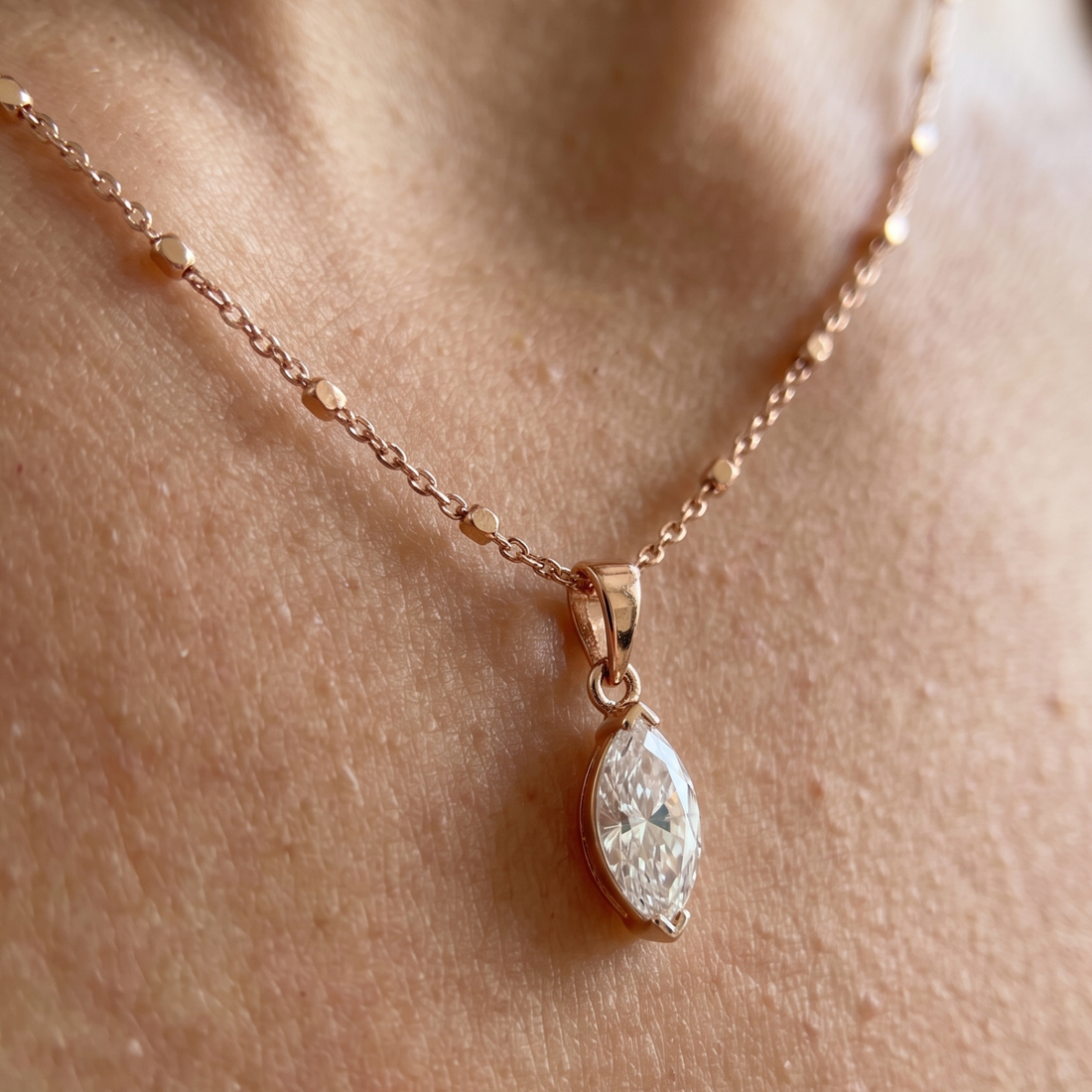 Eternal Marquise 0.66 CT solitaire pendant necklace by Kiashaa Jewellery featuring a 9 × 4.5 mm marquise center stone.