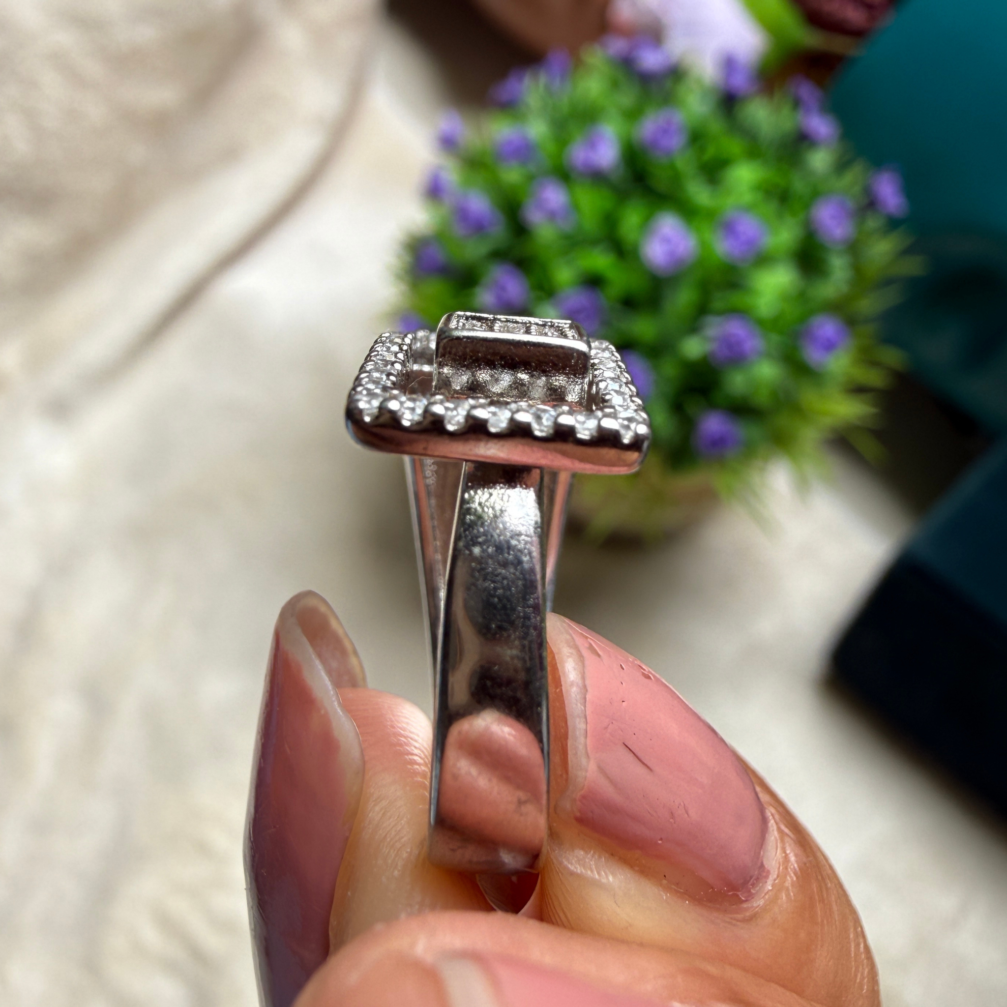 Geometric lab-grown diamond open rectangle ring in white gold by Kiashaa Jewellery.