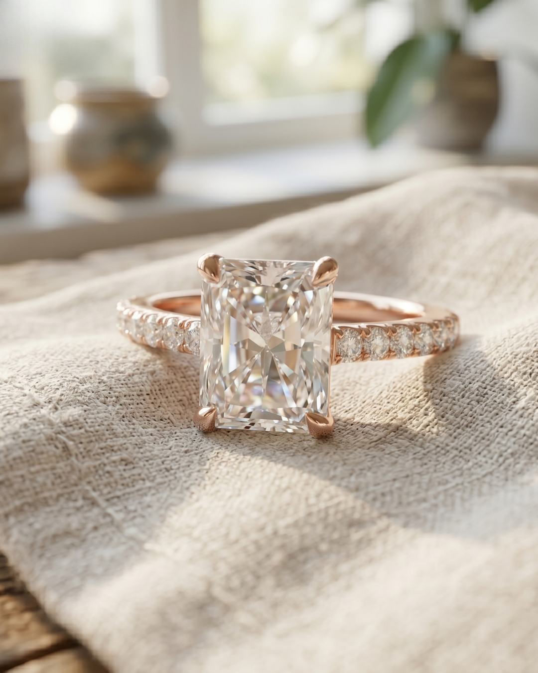 Close-up of a radiant lab-grown diamond ring by Kiashaa Jewellery with a polished rose gold diamond accent band.