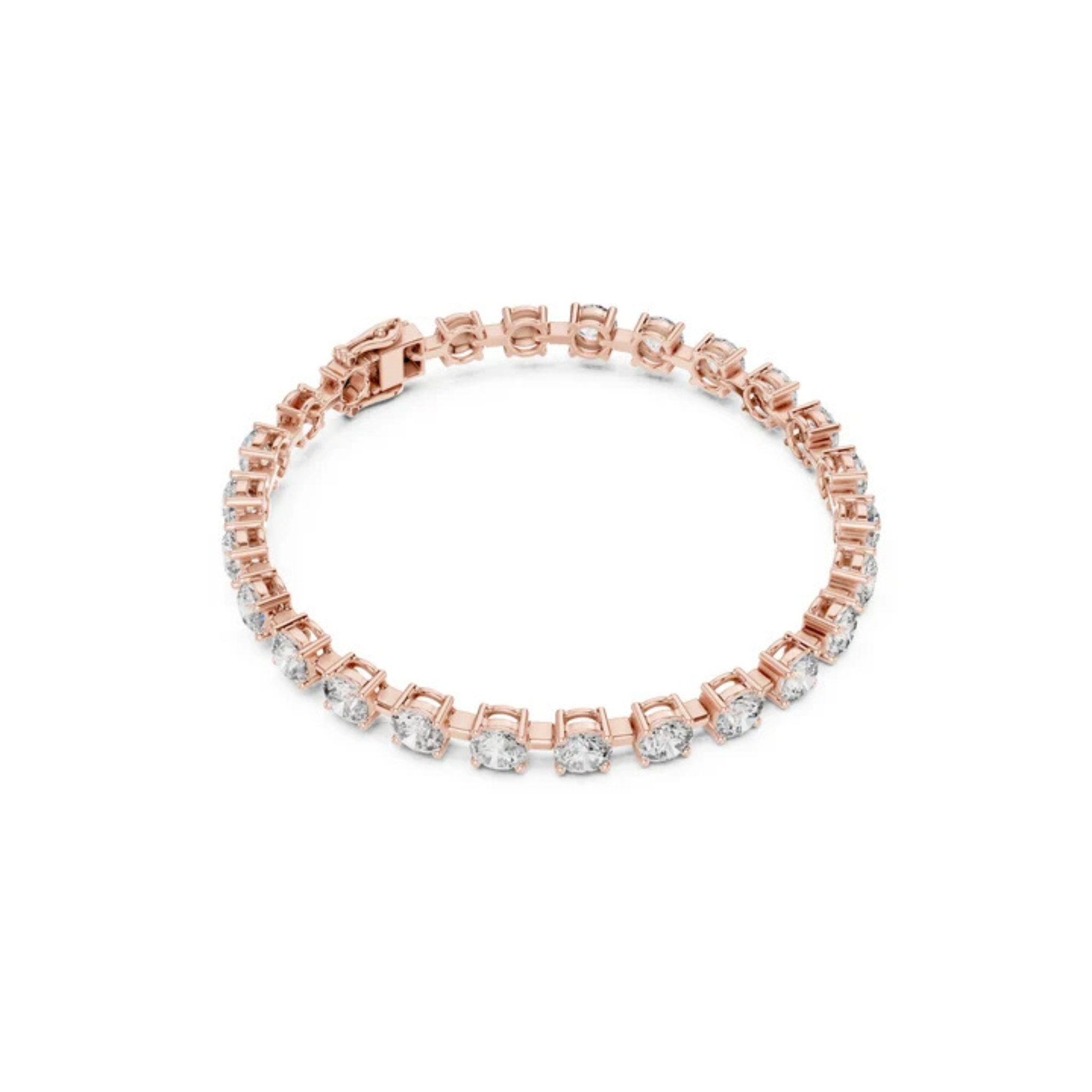 A rose gold tennis bracelet with round-cut clear gemstones in a prong setting, displayed on a clean white background.