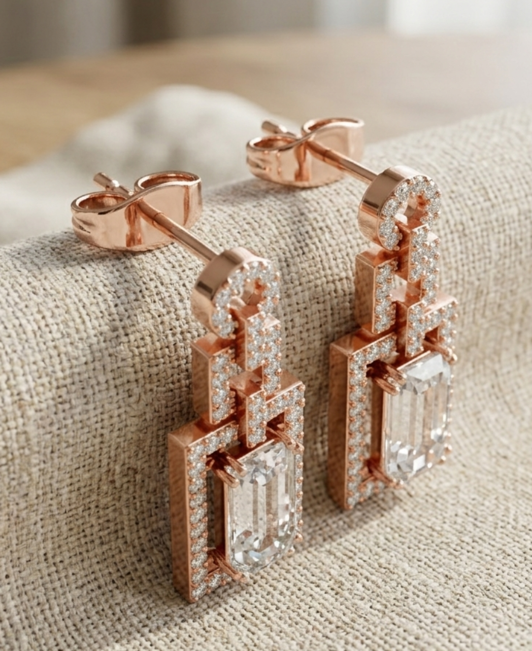 Close-up of baguette and round diamond drop earrings with polished rose gold geometric frames.