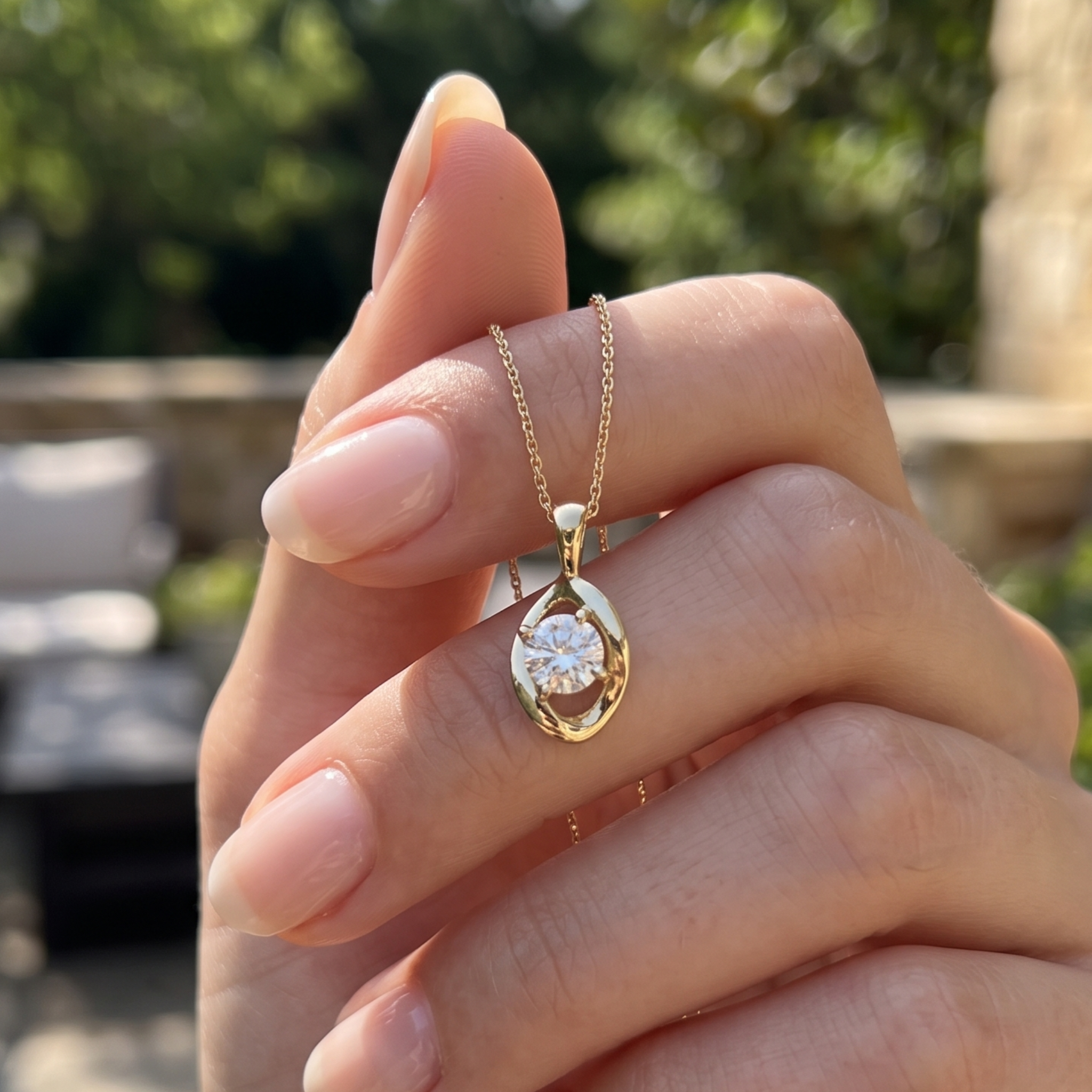 A gold pendant necklace with a clear round gemstone is held between fingers outdoors. The pendant has a gold teardrop-shaped setting with a central clear stone, and the background shows a blurred green garden.