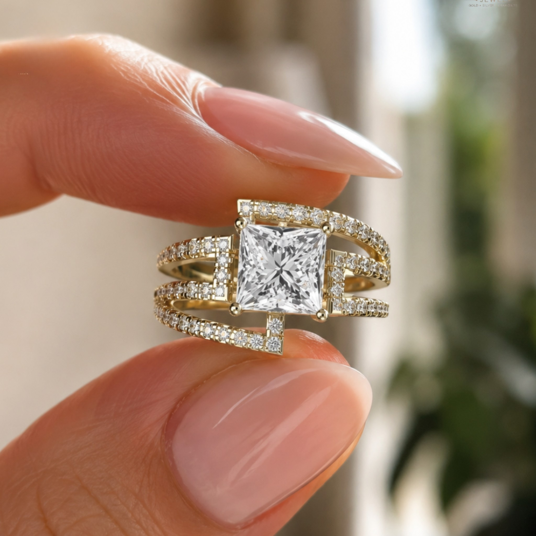 A close-up of a hand with manicured nails holding a yellow gold ring featuring a princess-cut diamond center stone and pavé-set diamond bands, against a softly blurred background.