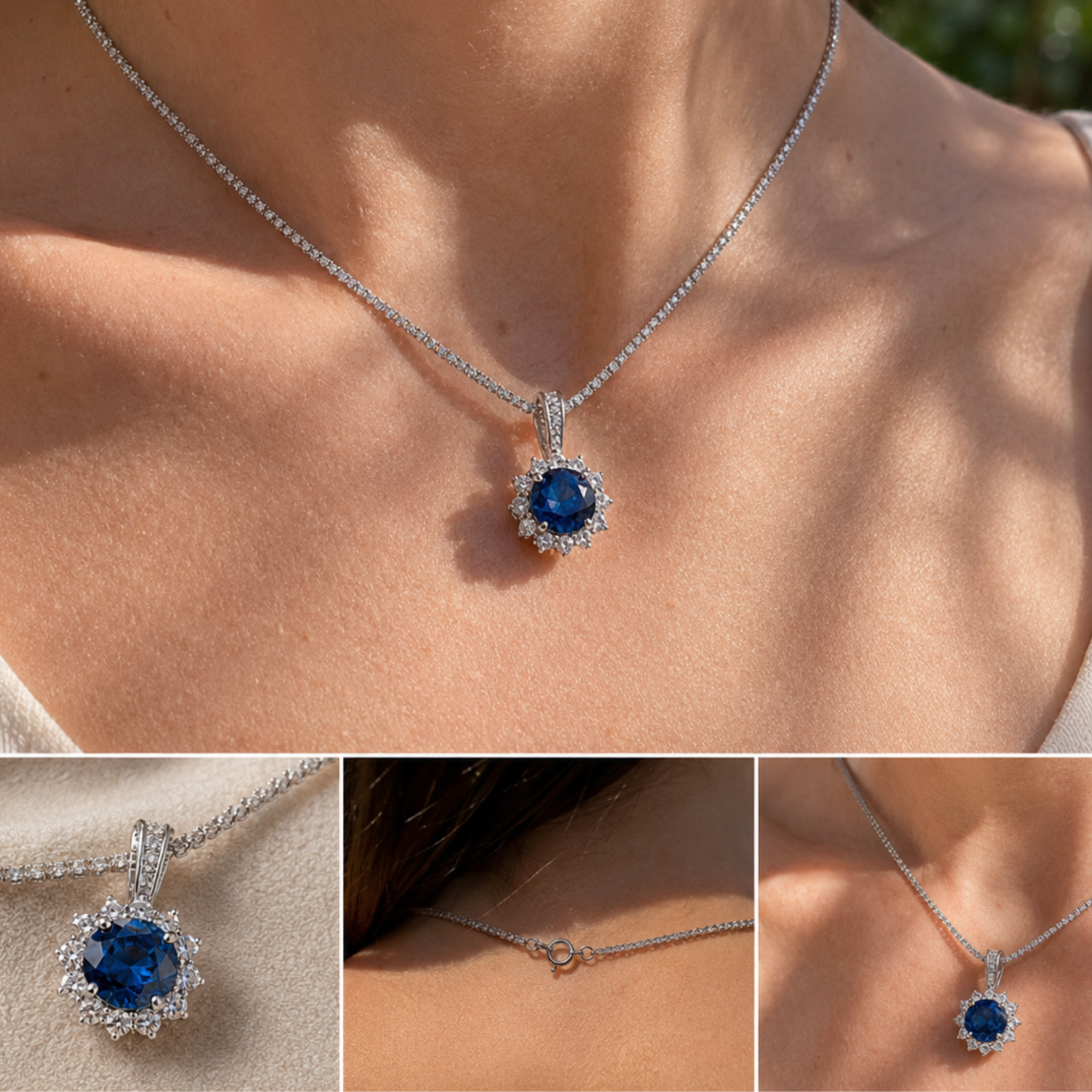 Royal Bloom 5 CT Blue Center Stone & Diamond Halo Pendant Necklace