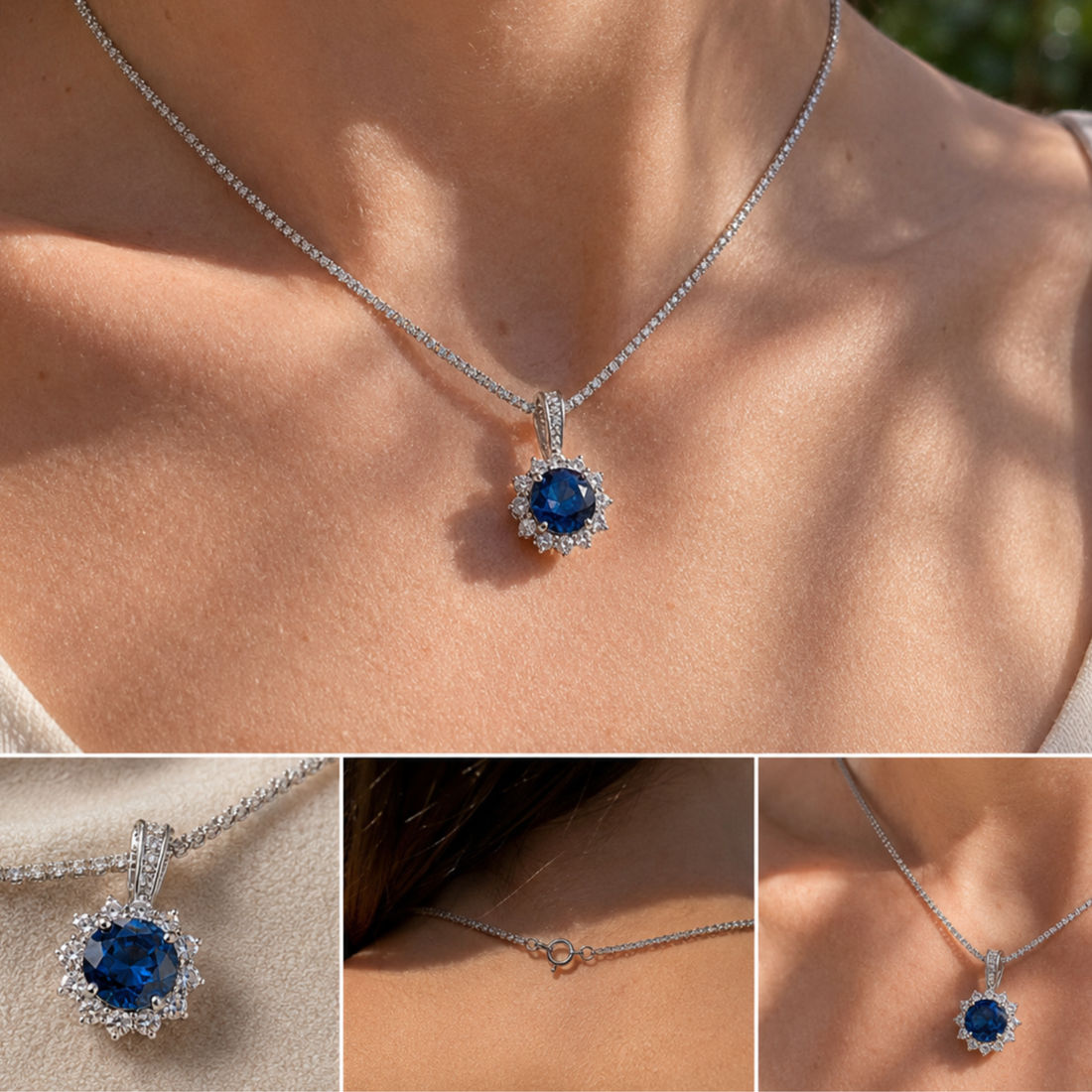 Royal Bloom 5 CT Blue Center Stone & Diamond Halo Pendant Necklace