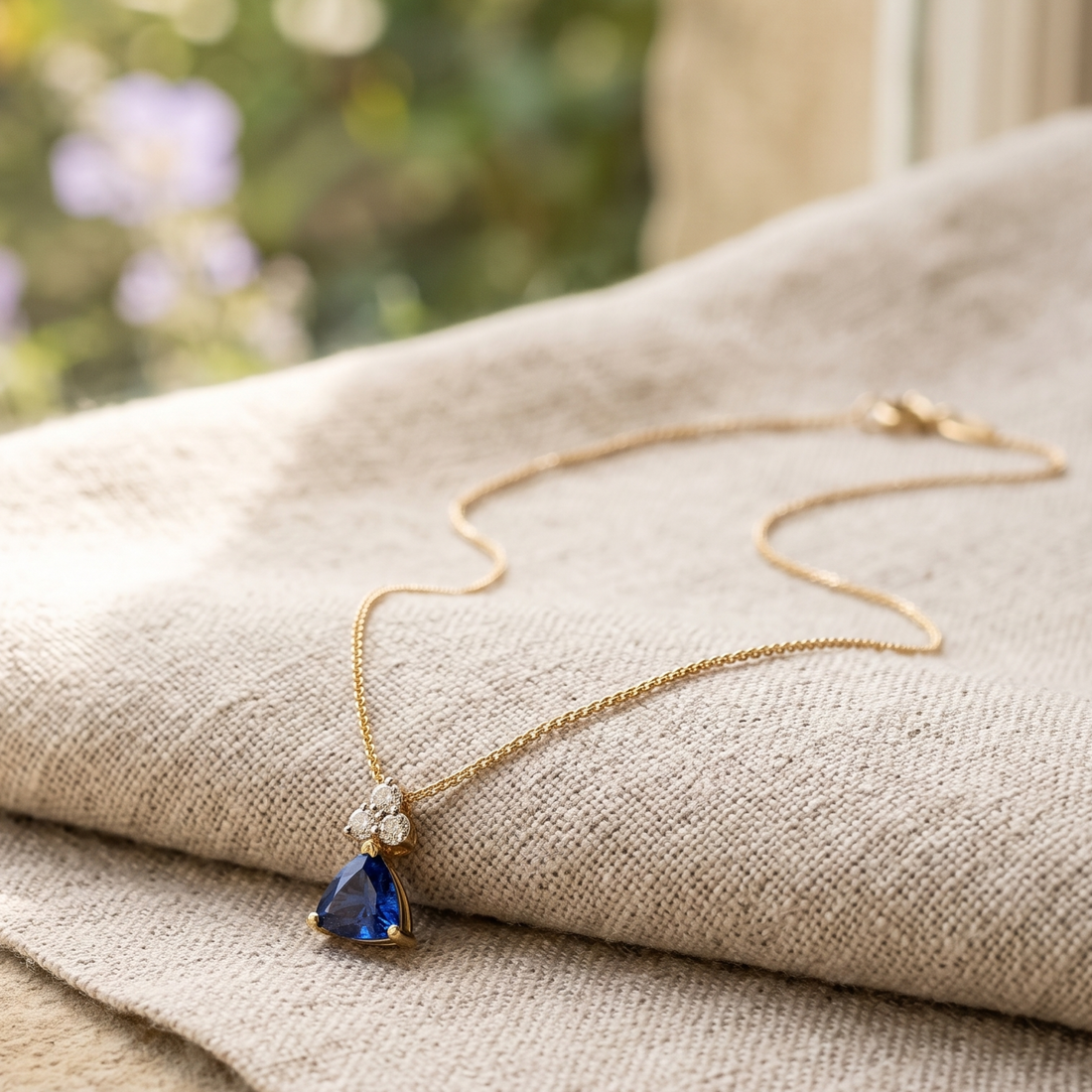 0.96 CTW blue trillion pendant necklace with a 6 mm center stone and three round diamond accents.