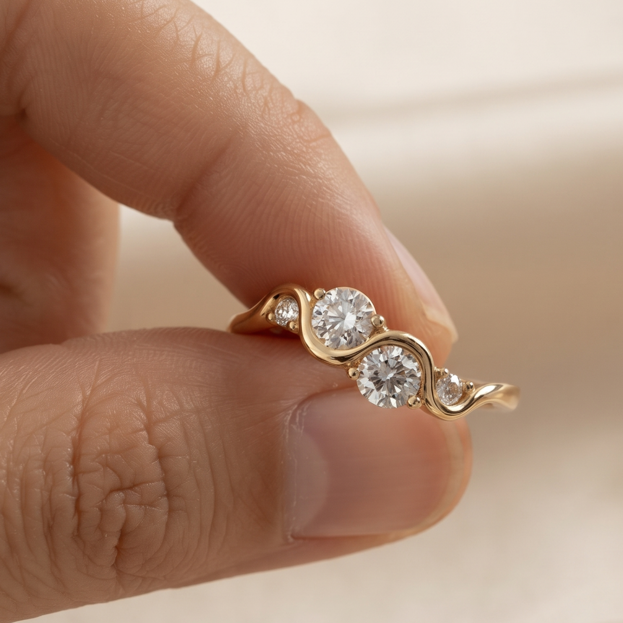 A gold ring with three round-cut clear gemstones set on a person's finger, shown in a close-up shot.