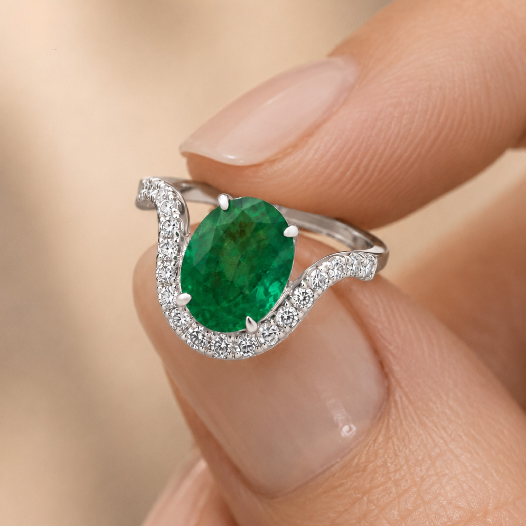A close-up of a silver ring with a large oval green emerald-cut center stone and a curved pavé-set band, shown being worn on a person's fingers.