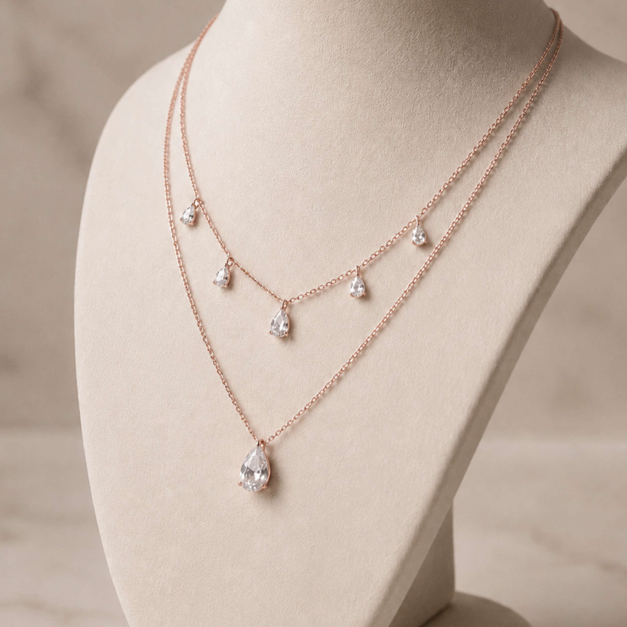A double-layered rose gold necklace with clear teardrop-shaped gemstones, displayed on a cream-colored jewelry bust.