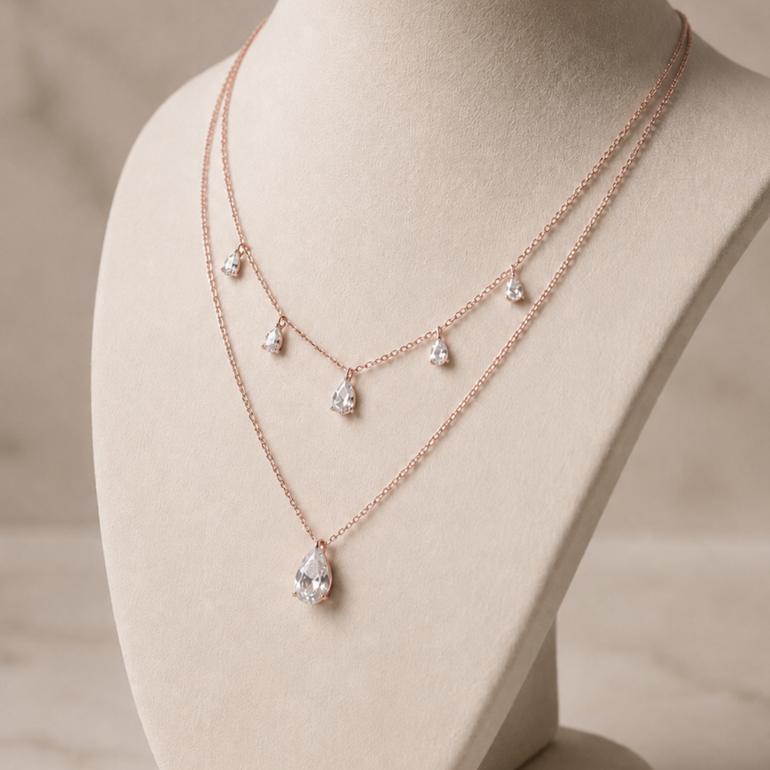 A double-layered rose gold necklace with clear teardrop-shaped gemstones, displayed on a cream-colored jewelry bust.